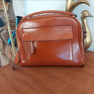 SOLD Women's handbag HESHE brand discontinued tan faux leather accents